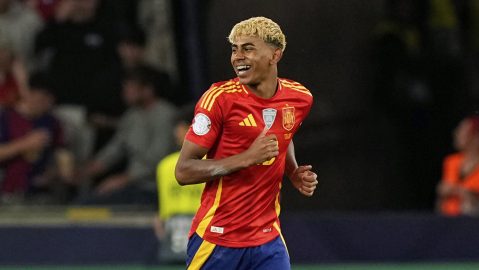 Spain's Lamine Yamal smiles after scoring his side's third goal against France during the Nations League semifinal soccer match between Spain and France at the MHPArena, in Stuttgart, Germany, Thursday, June 5, 2025. (AP Photo/Martin Meissner)