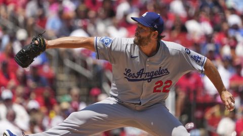 Los Angeles Dodgers starting pitcher Clayton Kershaw throws during the first inning of a baseball game against the St. Louis Cardinals Sunday, June 8, 2025, in St. Louis. (AP Photo/Jeff Roberson)