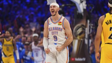 Oklahoma City Thunder guard Alex Caruso (9) celebrates during the second half of Game 5 of the NBA Finals basketball series against the Indiana Pacers, Monday, June 16, 2025, in Oklahoma City. (AP Photo/Kyle Phillips)