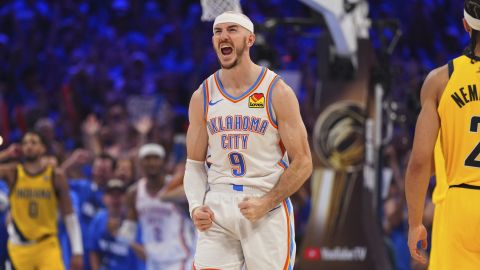 Oklahoma City Thunder guard Alex Caruso (9) celebrates during the second half of Game 5 of the NBA Finals basketball series against the Indiana Pacers, Monday, June 16, 2025, in Oklahoma City. (AP Photo/Kyle Phillips)