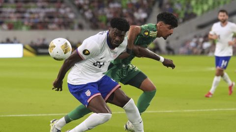 United States' Patrick Agyemang, left, and Saudi Arabia's Ziyad Aljohani, right, battle for control of the ball during a CONCACAF Gold Cup soccer match, Thursday, June 19, 2025, in Austin, Texas. (AP Photo/Eric Gay)