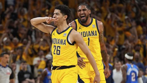 Indiana Pacers guard Ben Sheppard (26) and forward Obi Toppin (1) celebrate during the second half of Game 6 of the NBA Finals basketball series against the Oklahoma City Thunder, Thursday, June 19, 2025, in Indianapolis. (AP Photo/Abbie Parr)