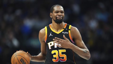 FILE - Phoenix Suns forward Kevin Durant gestures during the second half of an NBA basketball game on March 9, 2025, in Dallas. (AP Photo/Julio Cortez, File)
