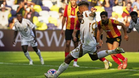 Los Angeles FC's Denis Bouanga takes a penalty kick during the Club World Cup Group D soccer match between Los Angeles FC and ES Tunisie in Nashville, Tenn., Friday, June 20, 2025. (AP Photo/George Walker IV)