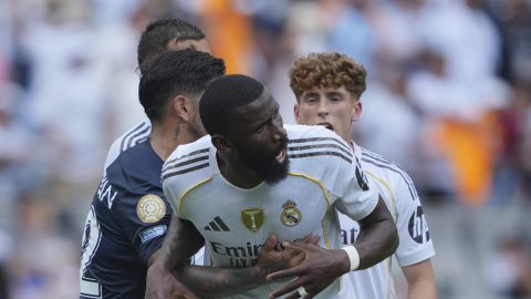 Real Madrid's Antonio Rudiger, front, gestures during the Club World Cup Group H soccer match between Real Madrid and CF Pachuca in Charlotte, N.C., Sunday, June 22, 2025. (AP Photo/Chris Carlson)