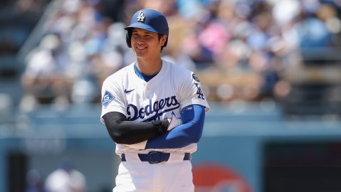 Los Angeles Dodgers' Shohei Ohtani reacts on second base during the sixth inning of a baseball game against the Washington Nationals in Los Angeles, Sunday, June 22, 2025. (AP Photo/Jessie Alcheh)