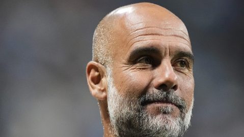 Manchester City manager Pep Guardiola reacts ahead of the Club World Cup Group G soccer match between Manchester City and Al Ain in Atlanta, Sunday, June 22, 2025. (AP Photo/Mike Stewart)
