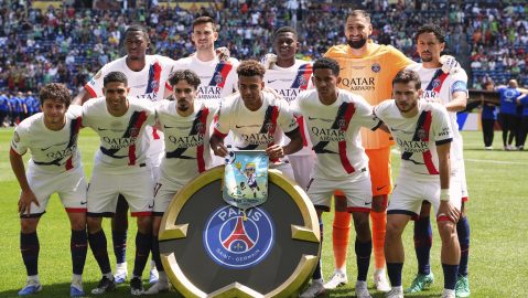 The Paris Saint-Germain team poses for a picture before the Club World Cup Group B soccer match between Seattle Sounders and PSG in Seattle, Monday, June 23, 2025. (AP Photo/Lindsey Wasson)