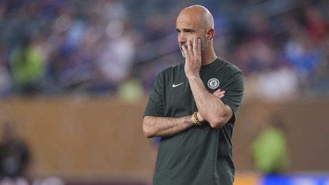 Chelsea manager Enzo Maresca looks on before the Club World Cup Group D soccer match between Esperance Tunisie and Chelsea in Philadelphia, Tuesday, June 24, 2025. (AP Photo/Chris Szagola)