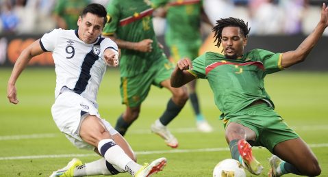 Guatemala forward Rubio Mendez (9) shoots against Guadeloupe defender Nathanaël Saintini (5) during a CONCACAF Gold Cup soccer match in Houston, Tuesday, June 24, 2025. (AP Photo/Ashley Landis)