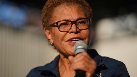 Mayor Karen Bass speaks at a vigil by community religious leaders on Tuesday, June 10, 2025, in Los Angeles. (AP Photo/Eric Thayer)