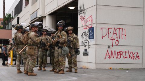 U.S. National Guard are deployed around downtown Los Angeles, Sunday, June 8, 2025, following a immigration raid protest the night before. (AP Photo/Eric Thayer)