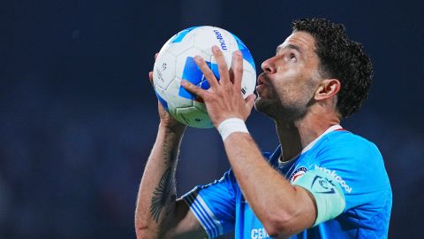 Ciudad de México, 1 de junio de 2025. Ignacio Rivero en festejo de gol, durante el partido de la Final de la Champions Cup de la CONCACAF 2025, entre la Máquina Celeste del Cruz Azul y Vancouver Whitecaps, realizado en el estadio Olímpico Universitario. Foto: Imago7/ Manlio Contreras