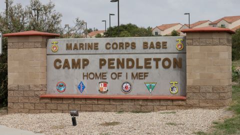 The entrance to Marine Corps base Camp Pendleton is seen Tuesday, Sept. 22, 2015, in Oceanside, Calif. (AP Photo/Gregory Bull)
