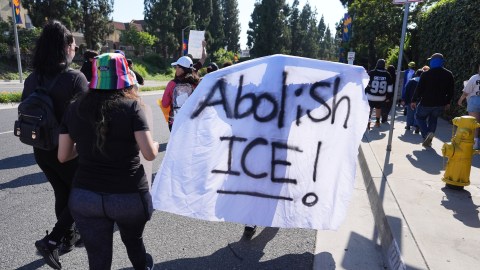 People march along a street during a protest on Wednesday, June 11, 2025, in Paramount, Calif. (AP Photo/Jae C. Hong)
