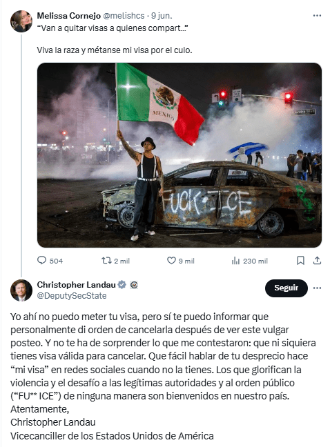 Christopher Landau ordena cancelar visa de consejera mexicana del partido Morena tras posteo sobre protestas en Los Ángeles