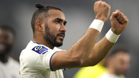 FILE - Marseille's Dimitri Payet celebrates his team's victory in the French League One soccer match against Lyon, at the Velodrome stadium in Marseille, southern France, Nov. 6, 2022. The 36-year-old midfielder, who arrived in Rio de Janeiro, Wednesday, Aug. 16, 2023, is expected to sign a deal with the Brazilian club Vasco da Gama. (AP Photo/Daniel Cole, File)