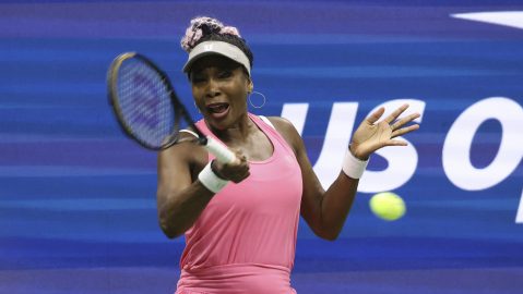 Venus Williams, of the United States, returns a shot to Greet Minnen, of Belgium, during the first round of the U.S. Open tennis championships, Tuesday, Aug. 29, 2023, in New York. (AP Photo/Jason DeCrow)