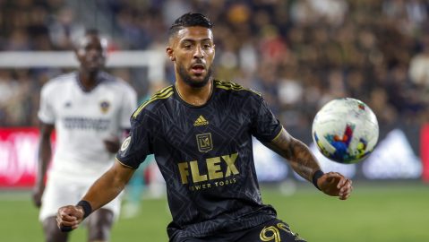 FILE - Los Angeles FC forward Denis Bouanga controls the ball against the LA Galaxy during the first half of an MLS playoff soccer match Oct. 20, 2022, in Los Angeles. Bouanga collected the 2023 MLS Golden Boot with 20 goals. (AP Photo/Ringo H.W. Chiu, File)