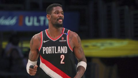 Portland Trail Blazers' center Deandre Ayton reacts after scoring during the first half of an NBA basketball game against the Los Angeles Lakers, Sunday, Dec. 8, 2024, in Los Angeles. (AP Photo/Etienne Laurent)
