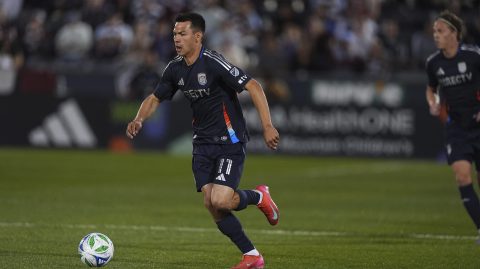 San Diego FC midfielder Hirving Lozano (11) in the first half of an MLS soccer match Saturday, April 12, 2025, in Commerce City, Colo. (AP Photo/David Zalubowski)