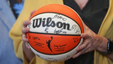 A basketball sports autographs from Dallas Wings WNBA basketball players during an introductory press conference for the team's draft selections Wednesday, April 23, 2025, in Dallas. (AP Photo/Julio Cortez)