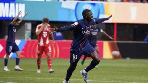 Paris Saint-Germain's Ousmane Dembele celebrates after scoring his team's second goal during the Club World Cup quarterfinal soccer match between PSG and Bayern Munich in Atlanta, Saturday, July 5, 2025. (AP Photo/Brynn Anderson)