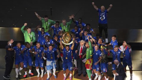 Chelsea pleayers celebrate with the championship trophy after the Club World Cup final soccer match between Chelsea and PSG in East Rutherford, N.J., Sunday, July 13, 2025. (AP Photo/Matt Slocum)