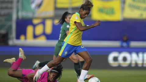 Luany of Brazil scores her side's second goal during a Women's Copa America soccer match against Bolivia in Quito, Ecuador, Wednesday, July 16, 2025. (AP Photo/Dolores Ochoa)
