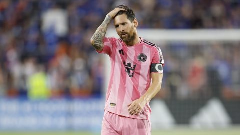 Inter Miami's Lionel Messi reacts to missing a shot against FC Cincinnati during the second half of an MLS soccer match Wednesday, July 16, 2025, in Cincinnati. (AP Photo/Jay LaPrete)
