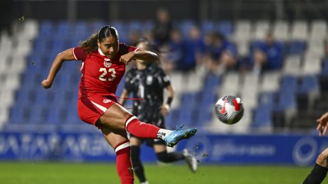 Canada's Olivia Smith tries a shot during the international women's friendly soccer match between Canada and South Korea at the Pinatar Arena Football Center in Murcia, Spain, on Dec. 3, 2024. (AP Photo/Francisco Macia Martinez, File)