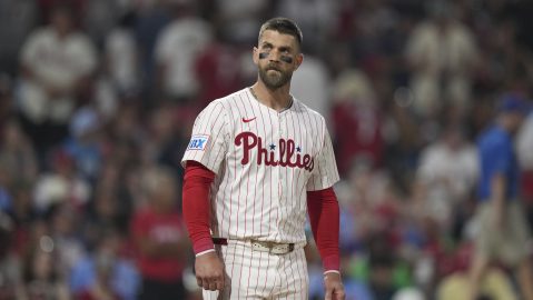 Philadelphia Phillies' Bryce Harper reacts during a baseball game Monday, July 21, 2025, in Philadelphia. (AP Photo/Matt Slocum)