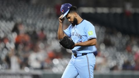 Toronto Blue Jays relief pitcher Seranthony Dominguez takes the mound during the seventh inning in the second baseball game of a doubleheader against the Baltimore Orioles, Tuesday, July 29, 2025, in Baltimore. (AP Photo/Stephanie Scarbrough)