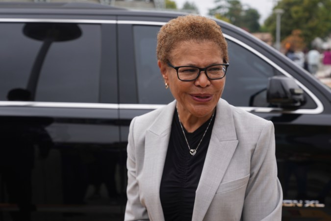 Los Angeles Mayor Karen Bass smiles after she held a news conference regarding the U.S. Marines currently deployed by the Trump administration in Los Angeles, at the Los Angeles Mission College in Sylmar, Calif., Monday, July 21, 2025. (AP Photo/Damian Dovarganes)