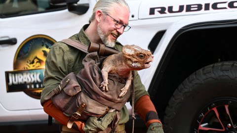 The Dinosaur character Dolores the Aquilops attends the "Jurassic World Rebirth" premiere at Lincoln Center on Monday, June 23, 2025, in New York. (Photo by Evan Agostini/Invision/AP)