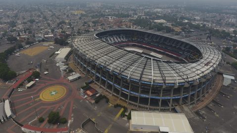 Pollution blankets the sky over the iconic Estadio Azteca and the rest of Mexico City, Thursday, May 16, 2019. A semifinal match between America and Leon that had already been postponed due to air quality will be played out of the city in Queretaro on Thursday. (AP Photo/Rebecca Blackwell)