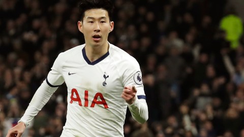 FILE - In this Wednesday, Jan. 22, 2020 file photo, Tottenham's Son Heung-min celebrates his goal against Norwich City during the English Premier League soccer match between Tottenham Hotspur and Norwich City at the Tottenham Hotspur Stadium in London, England. Tottenham forward Heung-min Son has started a three-week period of military service in his native South Korea. South Korea’s Yonhap News Agency says the 27-year-old Son reported to a Marine Corps unit on the southern island of Jeju and will be in camp until May 8. (AP Photo/Matt Dunham, File)