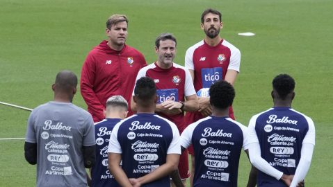Panama's head coach Thomas Christiansen, top center, speaks with members of national soccer team before a training session ahead of the FIFA World Cup Qatar 2022 qualifying soccer match in Panama City, Monday, Nov., 8, 2021. (AP Photo/Arnulfo Franco)