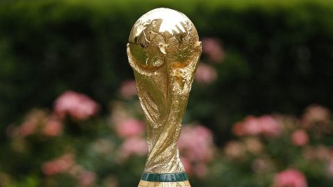 2026 FIFA World Cup Trophy on display before press conference at Rockefeller Plaza. Thursday, June 16, 2022, in New York. (AP Photo/Noah K. Murray)