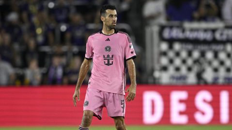 Inter Miami midfielder Sergio Busquets (5) controls the ball during the second half of an MLS soccer match against Orlando City, Wednesday, May 15, 2024, in Orlando, Fla. (AP Photo/Phelan M. Ebenhack)