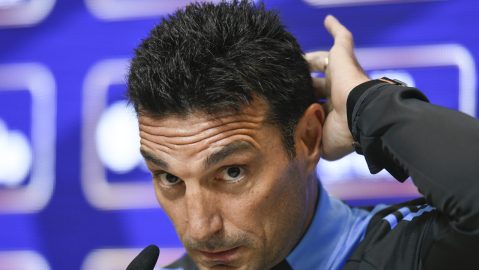 Argentina's coach Lionel Scaloni gives a press conference prior to a training session ahead of a qualifying match against Bolivia at the Argentina Soccer Association in Buenos Aires, Argentina, Monday, Oct. 14, 2024. (AP Photo/Gustavo Garello)