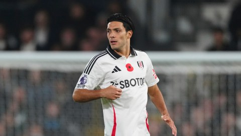 Fulham's Raul Jimenez runs into position during the English Premier League soccer match between Fulham and Brentford, at the Craven Cottage Stadium in London, Monday, Nov 4, 2024. (AP Photo/Dave Shopland)