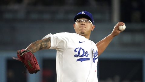 FILE - Los Angeles Dodgers starting pitcher Julio Urias throws to the plate during the first inning of a baseball game against the Atlanta Braves Friday, Sept. 1, 2023, in Los Angeles. (AP Photo/Mark J. Terrill, File)