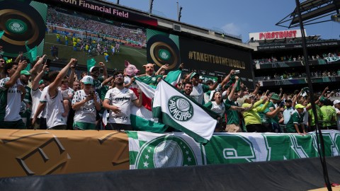 Palmeiras fans react during the Club World Cup round of 16 soccer match between Palmeiras and Botafogo in Philadelphia, Saturday, June 28, 2025. (AP Photo/Matt Slocum)