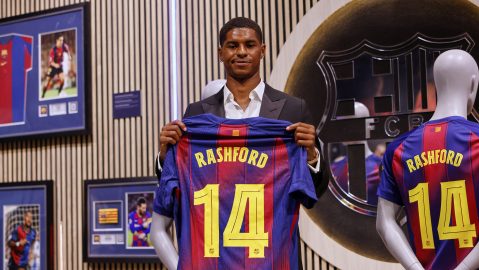 Marcus Rashford poses with an F.C. Barcelona jersey during his presentation as a new signing in Barcelona, Spain, Wednesday, July 23, 2025. (AP Photo/Joan Monfort)
