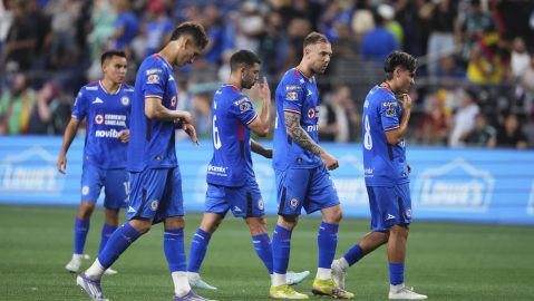 Cruz Azul players, including midfielder Erik Lira (6) forward Rodolfo Rotondi, second from right, and midfielder Luka Romero, right, walk off the field after losing to the Seattle Sounders in a Leagues Cup soccer match Thursday, July 31, 2025, in Seattle. (AP Photo/Lindsey Wasson)