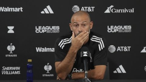 Inter Miami's head coach, Javier Mascherano addresses the media during an MLS soccer press conference, Friday, Aug. 1, 2025 in Fort Lauderdale, Fla. (AP Photo/Jim Rassol)