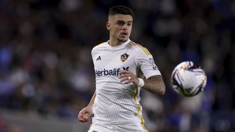Los Angeles Galaxy forward Gabriel Pec chases down the ball during the second half of a Leagues Cup soccer match against Cruz Azul Sunday, Aug. 3, 2025, in Carson, Calif. (AP Photo/Eric Thayer)