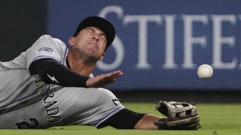 Colorado Rockies right fielder Tyler Freeman is unable to catch a double by St. Louis Cardinals' Pedro Pages during the sixth inning of a baseball game Monday, Aug. 11, 2025, in St. Louis. (AP Photo/Jeff Roberson)