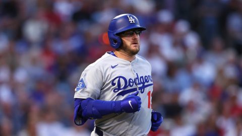Los Angeles Dodgers Max Muncy runs towards first base during the fourth inning of a baseball game against the Los Angeles Angels, Monday, Aug. 11, 2025, in Anaheim, Calif. (AP Photo/Jessie Alcheh)